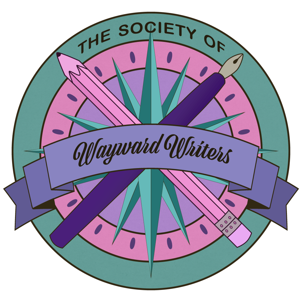 The Society of Wayward Writers logo - a compass with a fountain pen and pencil as pointers with a banner over them. In teal, pink, and purple. 